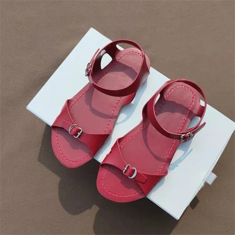 2024 New Fashion Red Women Sandals Summer Gladiator Sandalias Buckle Flat Shoes Woman Casual Beach Flats Designer Zapatos Mujer