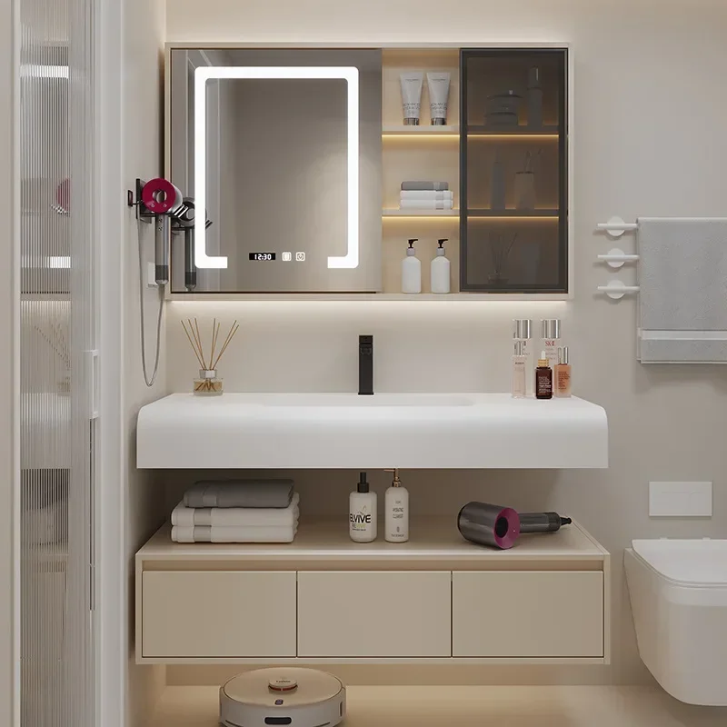 Nordic Modern Bathroom Cabinets Designer Arc Shaped Rock Integrated Washbasin Bathroom Vanity Cabinet Sink Bathroom Furniture