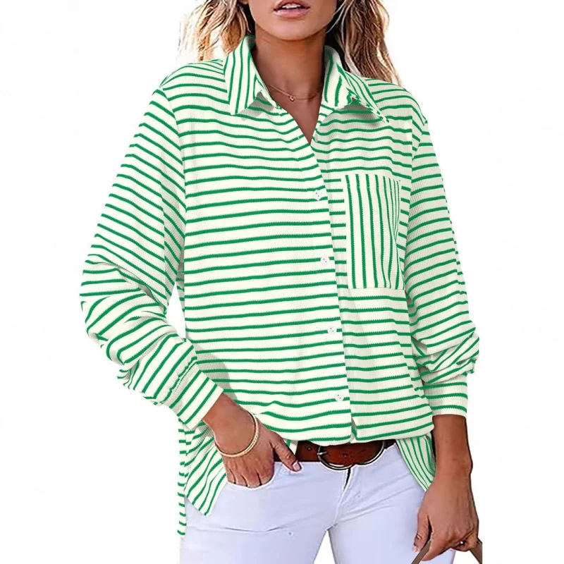 

Ladies 2025 Cute Striped Waffle Oversized Stretch Long Sleeve Shirt with Soft Collar V Button-up Shirt