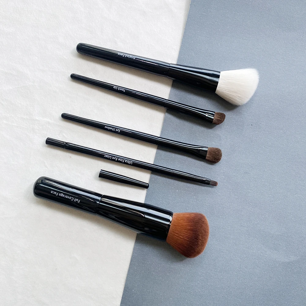 Travel Sized Makeup Brushes Set 5-Pcs Black Full Coverage Angled Contour Eye Shadow Lip Liner Cosmetics Blending Tools Kit