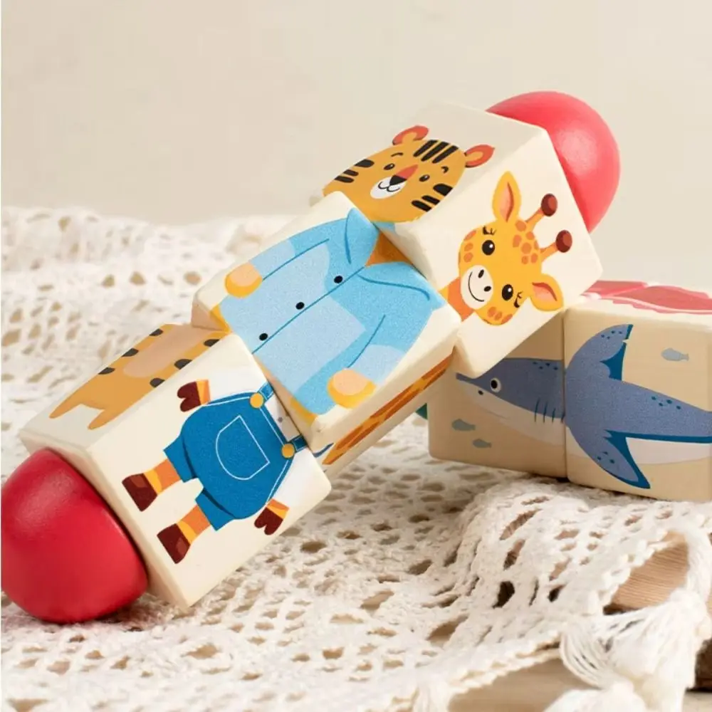Giocattolo educativo del puzzle di rotazione degli animali in legno Giocattolo educativo Blocchi di puzzle rotanti del fumetto Afferrare i blocchi di costruzione