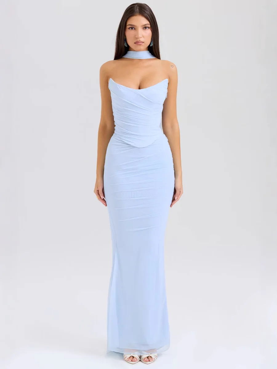 

2025 Beautiful Style Blue Strapless Short Top High Waist Hip Pencil Skirt Slim-fit Two-piece Suit