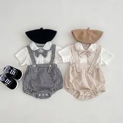 Bodysuits Summer Baby and Children One-piece Clothes Doll Neck Short Sleeved Plaid Elastic Waistband Triangle One Piece Romper