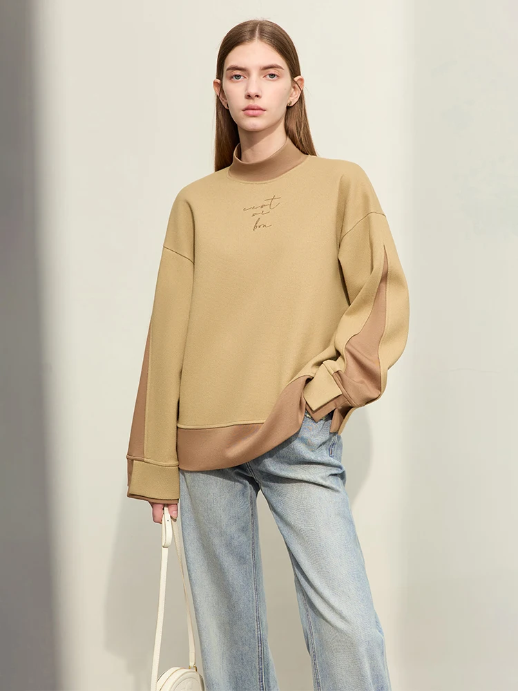 AMII-Sudadera con capucha minimalista para mujer, abrigo holgado con bordado de letras, Cuello medio alto, Top de manga larga empalmado, otoño, 2023