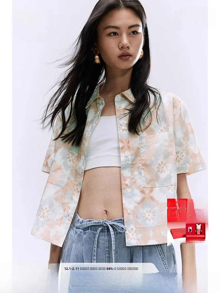 

Женская повседневная удобная рубашка H&M с коротким рукавом и принтом, весенняя модная модель с отложным воротником, 100% хлопок, укороченная длина