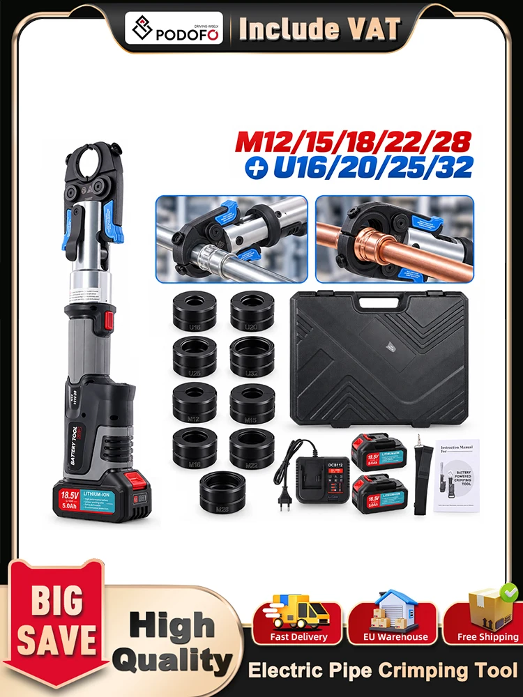 Podofo Elektrisches Rohrpresswerkzeug-Set, kabelloses Presswerkzeug mit 5 Profi-Pressbacken für M12/15/18/22/28+U16/20/25/32 Kupfer- und Edelstahlrohre, Echtzeit-Batterieanzeige, professionelles