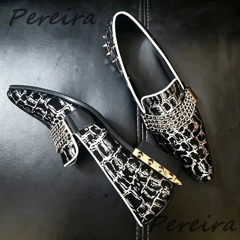 Metal Rivet Low Heel Loafers for Men Fashion Chain Pointed Toe Slip-On Casual Business Shoes Mixed Colors Shallow Party Shoes