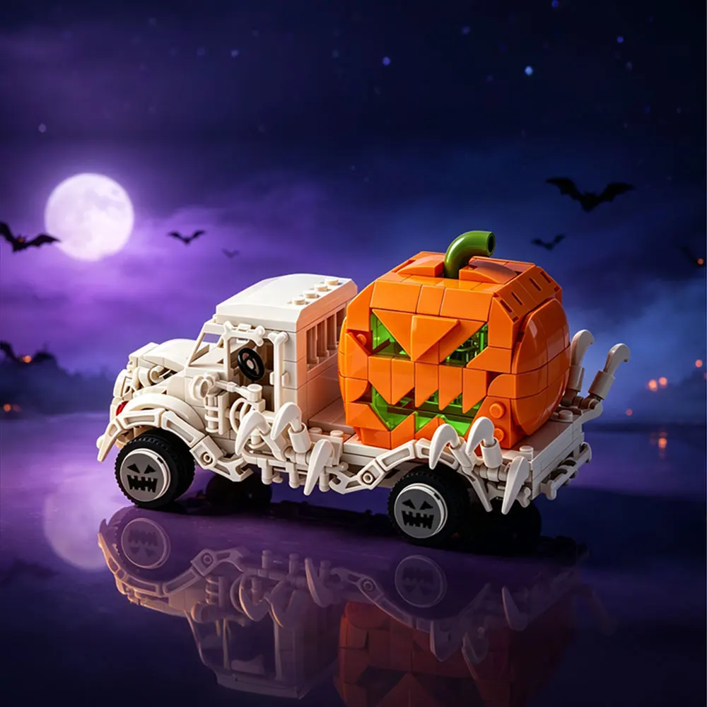 Skeleton Pumpkin Carriage Building Blocks Kit Halloween Coach Glowing Pumpkin Carriage Holidays Decor Bricks Toy Adult Gift