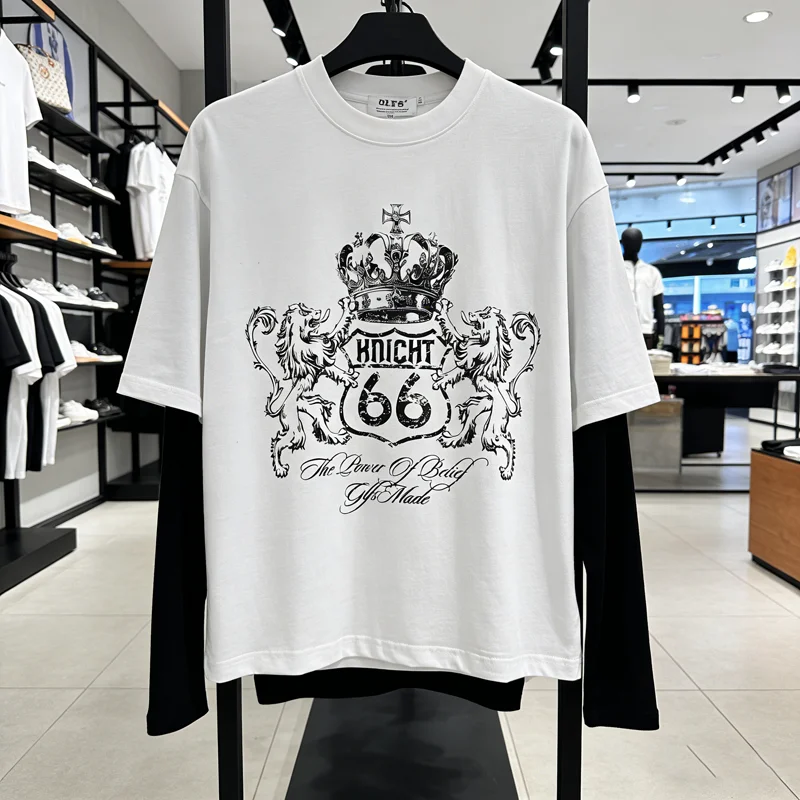Fake Two Pieces Champion Label Print Long Sleeve T-shirt Men Women Patchwork Splice Color Loose Casual T Shirt Tops Tee