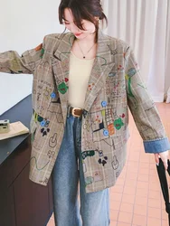 High Street Y2K Design Graffiti Plaid Blazer Jacket Loose Tailored Coat Women Casual Funny Cartoon Clothes Harajuku New Autumn