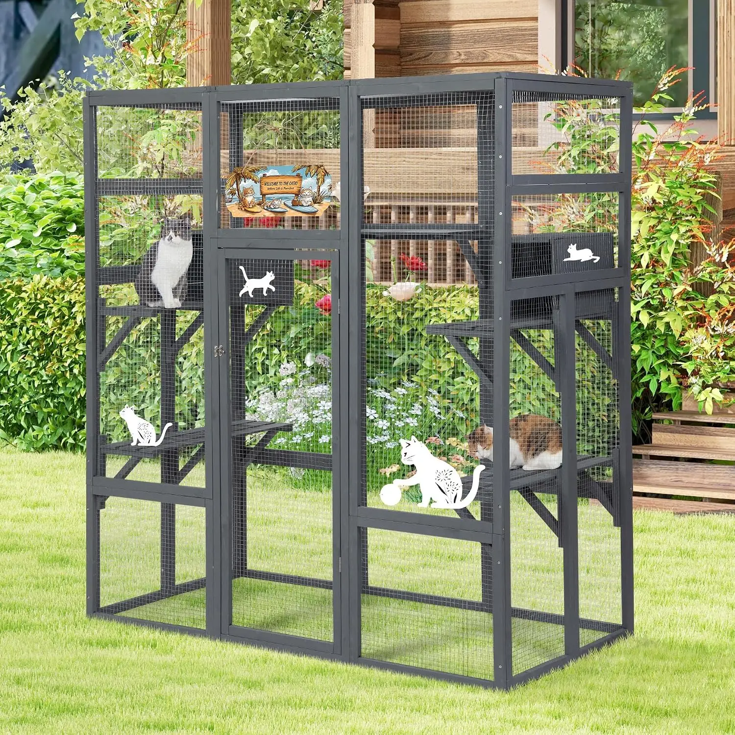 Wooden Cat Enclosure with Waterproof Roof, 7 Platforms & 2 Resting Box, UV Resistant, 62.4"x32.4"x70", Customized