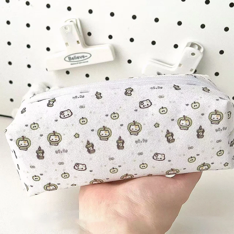 Bolsa para bolígrafos multifuncional, bolsa para lápices de almacenamiento de manzana verde con gato de dibujos animados, bolsa de papelería de gran capacidad, suministros escolares, regalos