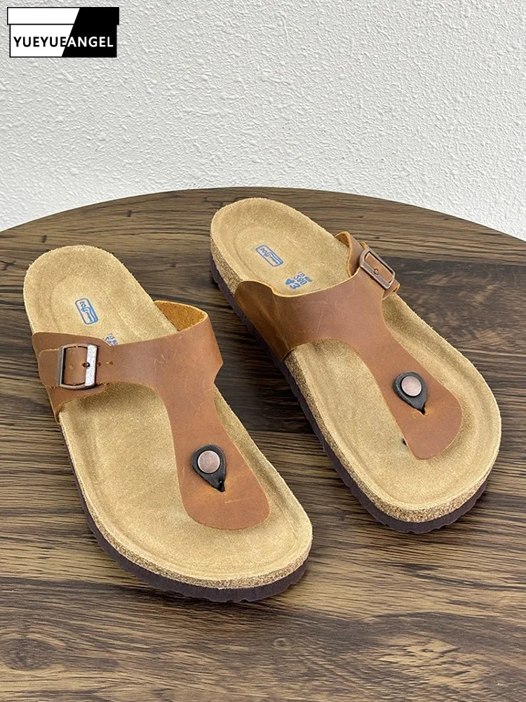 Summer Men Casual Cowhide Genuine Leather Flip Flops Thick Platform Slippers Vintage Buckle Holiday Beach Slippers Slip On Shoes