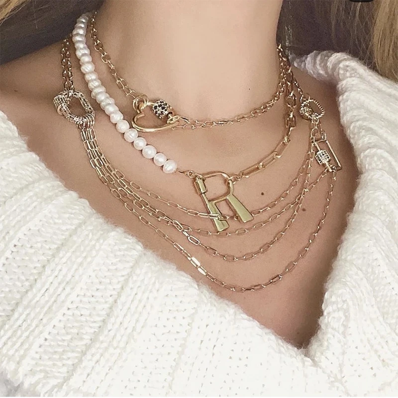 ジュヤ 18K金メッキ 26文字アルファベット ペンダント ファスナー ボルトカラビナクラスプ DIY レディース メッシュチェーン ネームジュエリー製作
