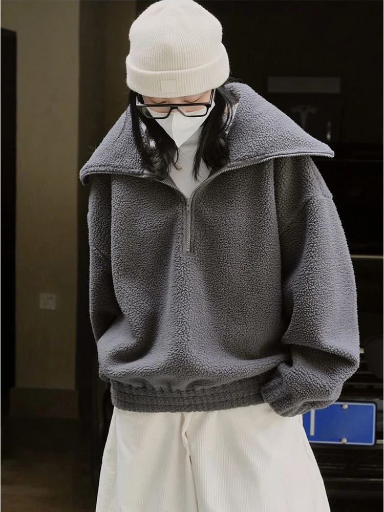 بلوزات الصوف القطبي الياباني خريف شتاء كسول الرياح المرأة البلوفرات كبيرة الحجم أنيقة نصف سستة الصلبة الدافئة فضفاضة بلايز عادية