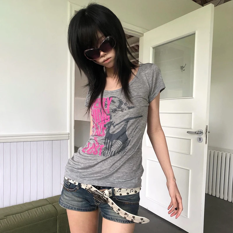 Karrcat Trashy Y2k Letter Print T-shirt Grunge Aesthetics Short Sleeve Portrait Tops Vintage Punk Streetwear American Retro 90s
