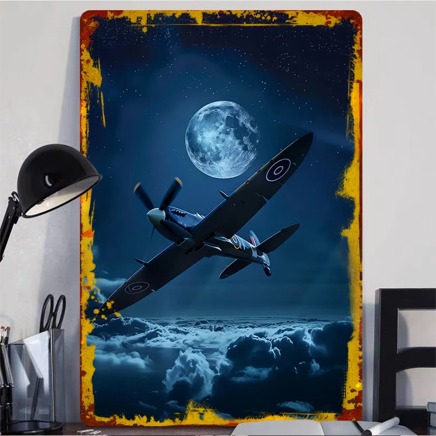 Vintage WWII Fighter Plane Night Flight Metal Wall Art Home Decor for Living Room Bedroom Study