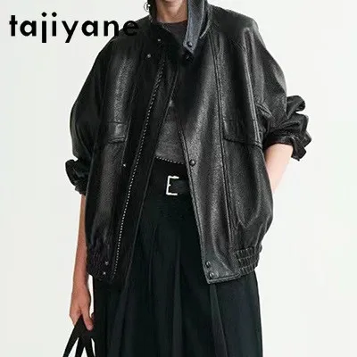 TAJIYANE Genuine Leather Jacket Women Mid-length Sheepskin Jackets Stand Collar Leather Coat Oversized Biker Outerwear Jaqueta