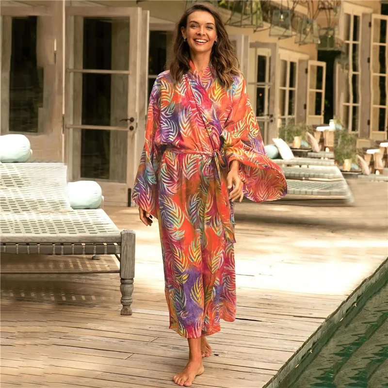6 Styles Bohemian Printed Bikini Cover-ups Elegant Self Belted Kimono Dress Tunic Women Beach Wear Swim Suit Cover Up