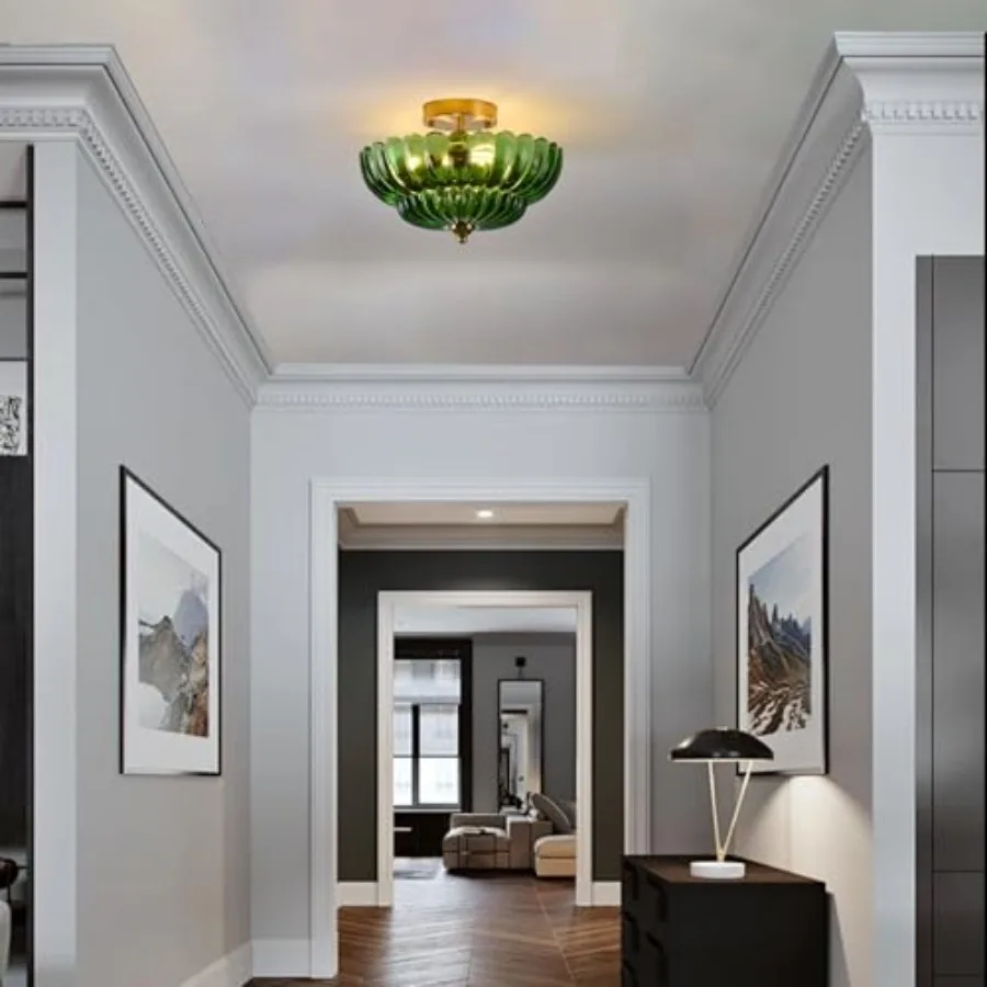 Semi Flush Mount Ceiling Light Green Glass Ceiling Light Fixture 3-Bulb Gold Close to Ceiling Light Vintage Glass Ceiling Light