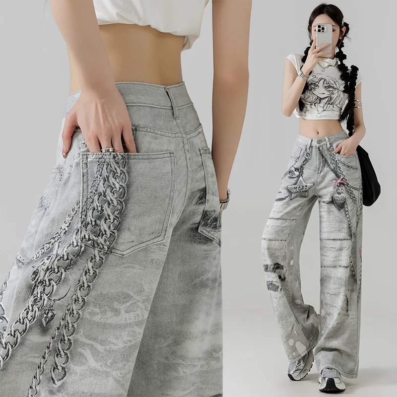 

Digital printing and dyeing denim wide leg pants high waist slimming street floor mopping straight leg trendy pants