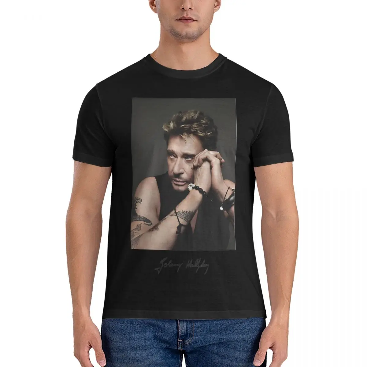 Creative Johnny Hallyday Portrait Couleur Classique T-Shirt for Men Crewneck Cotton T Shirts Johnny Hallyday Short Tee Shirt