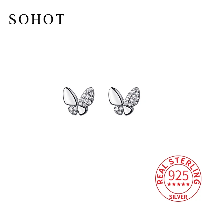 

Real 925 Sterling Silver 18k Gold Personality Zircon Butterfly Mini Stud Earrings For Women Cute Fine Jewelry Accessories