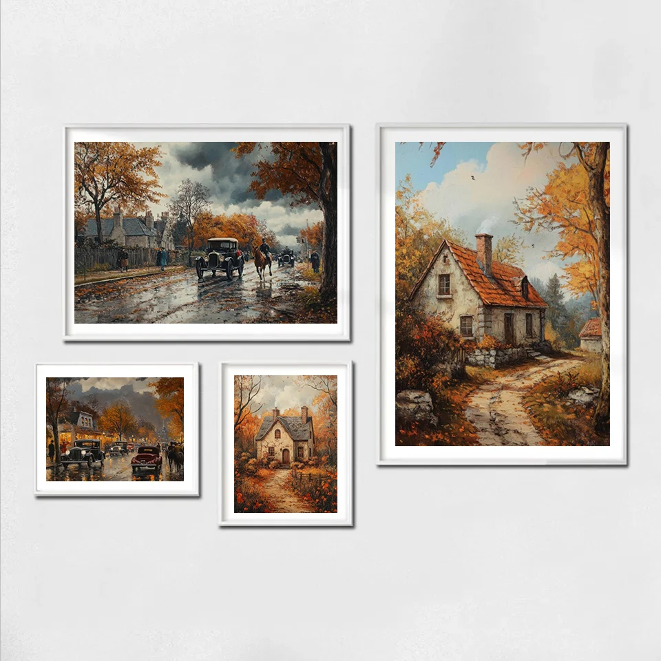 1pc frameless Canvas Painting Vintage Autumn Cottage Farmhouse Posters Modern Moody Scenery Carriage Prints Canvas Wall Art Pict