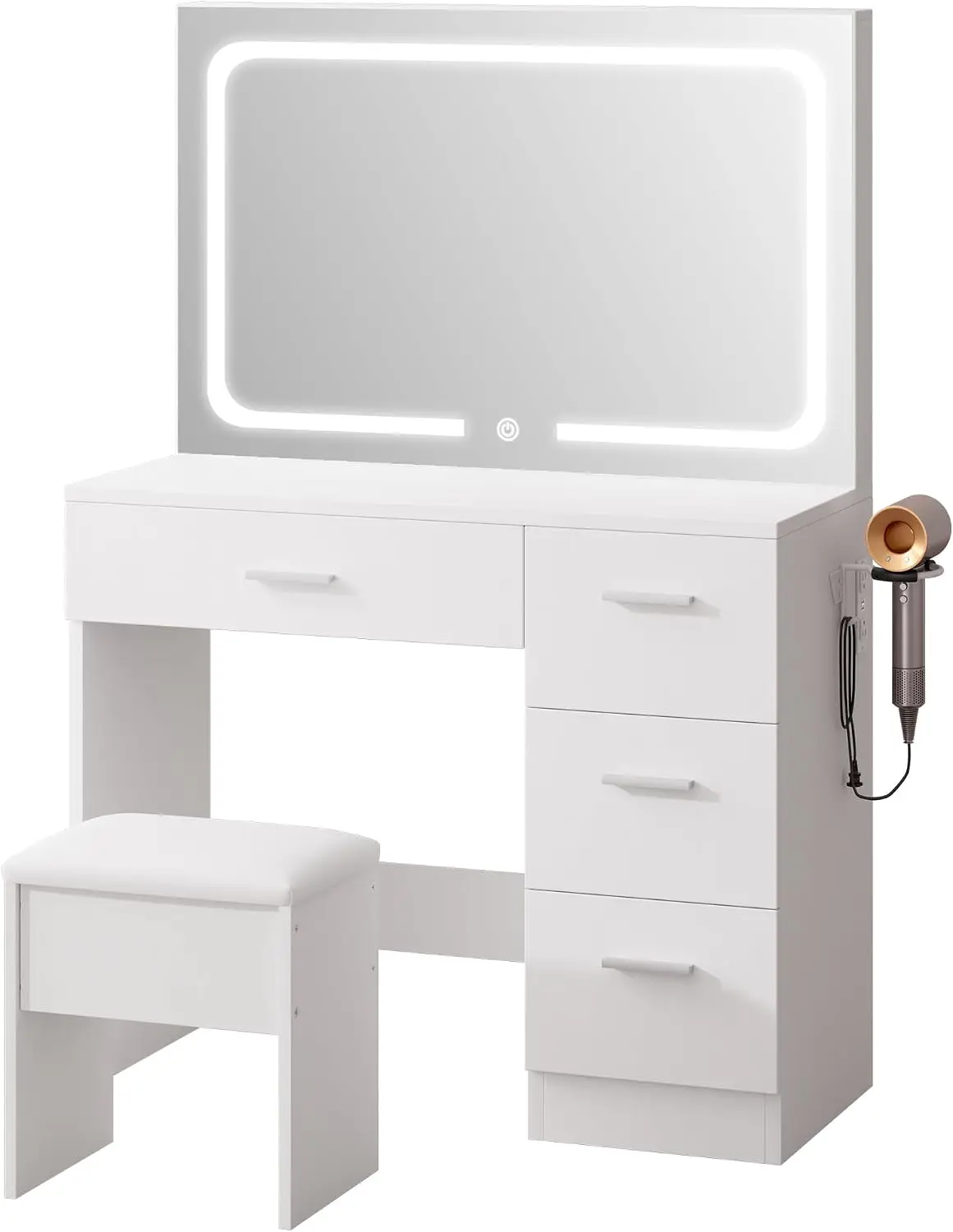 White Vanity Desk Set with Full-Width LED Mirror & Stool 3 Lighting Modes, Charging Station, Cushioned Stool, Customized