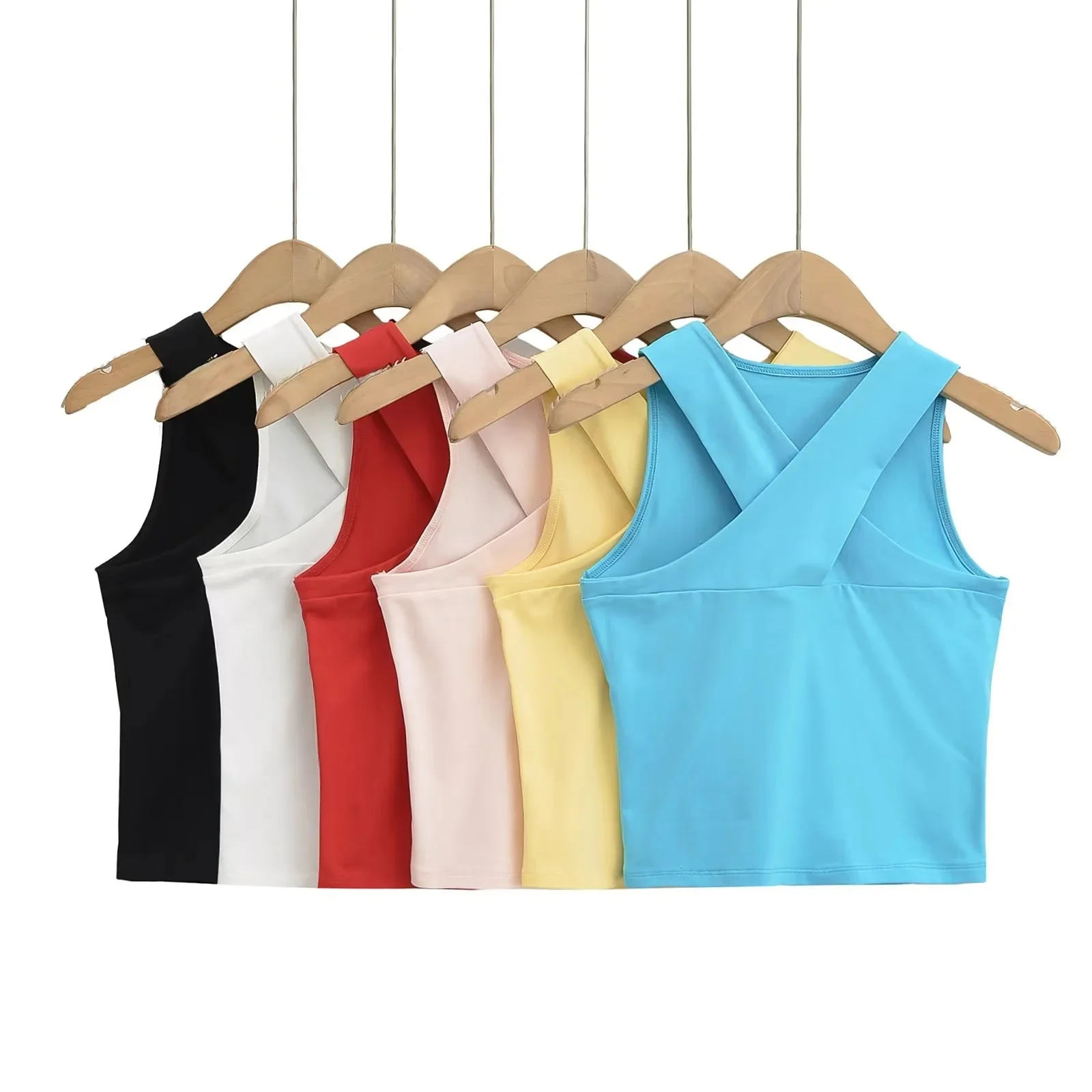 توب نسائي صيفي أمريكي الطراز بدون أكمام وياقة على شكل V متقاطعة، قميص أساسي نحيف بلون موحد مناسب للعمل #5