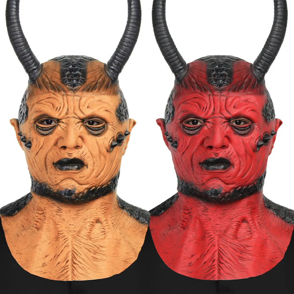 Halloween Gruselmaske mit Langen Hörnern, Realistische Teufelsmaske aus Latex – Detail 1