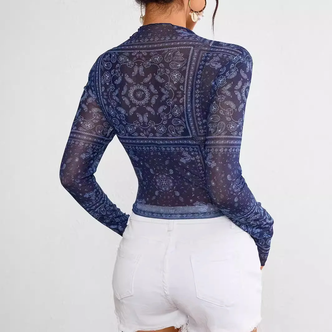 Summer Arrival Women's Elegant Vintage Print Ruffled Mock Neck Slimming Crop Top Daily Commute Comfort Casual Versatile T-shirt