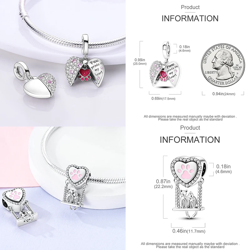 925 Sterling Silber Hund Katze Pfotenabdruck Charm Perlen Glücksbringer Katze Haustierliebhaber Herz DIY Armband Halskette Geschenk für Frauen Mädchen – Detail 12