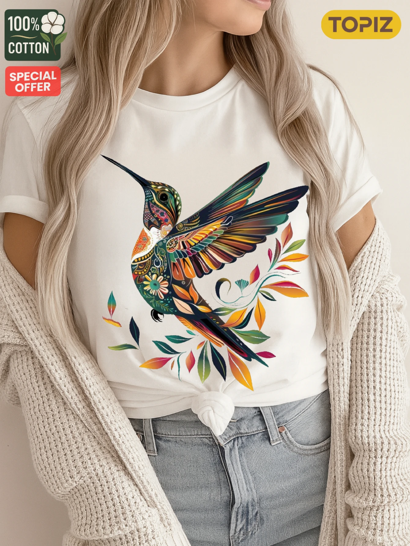 الطائر الطنان بتصميم الأزهار 100% مسامي، مريح، مريح، الأكثر مبيعًا للصيف والربيع والارتداء اليومي، هدية #2