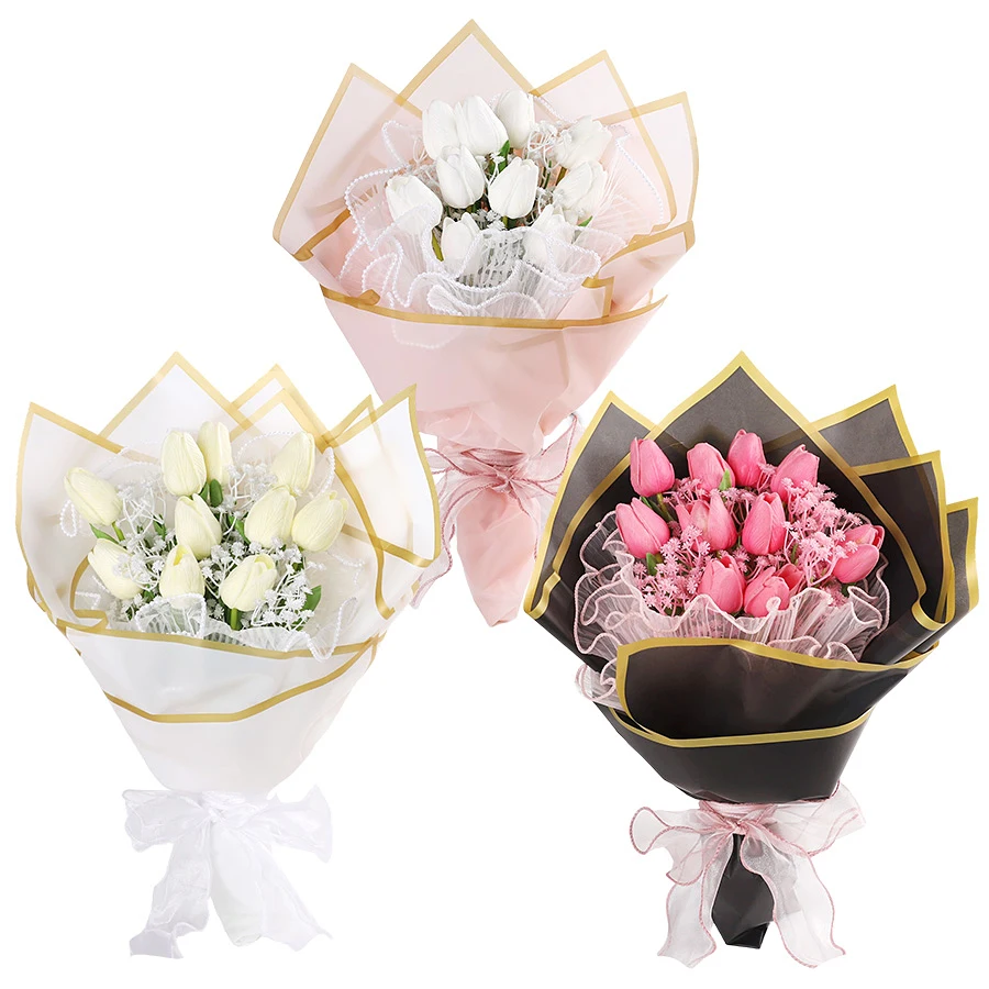 DIY Flower Bouquet Set Tulip Baby Breath Gold Trim Wrapping Paper Mesh Ribbon Handmade Material Holiday Floral Gift Packaging