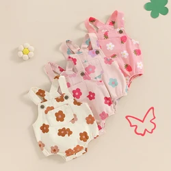 Summer Baby Clothing Newborn Infant Baby Girls Overalls Rompers Sleeveless Flower Print Denim Jumpsuit with Pocket Outfits