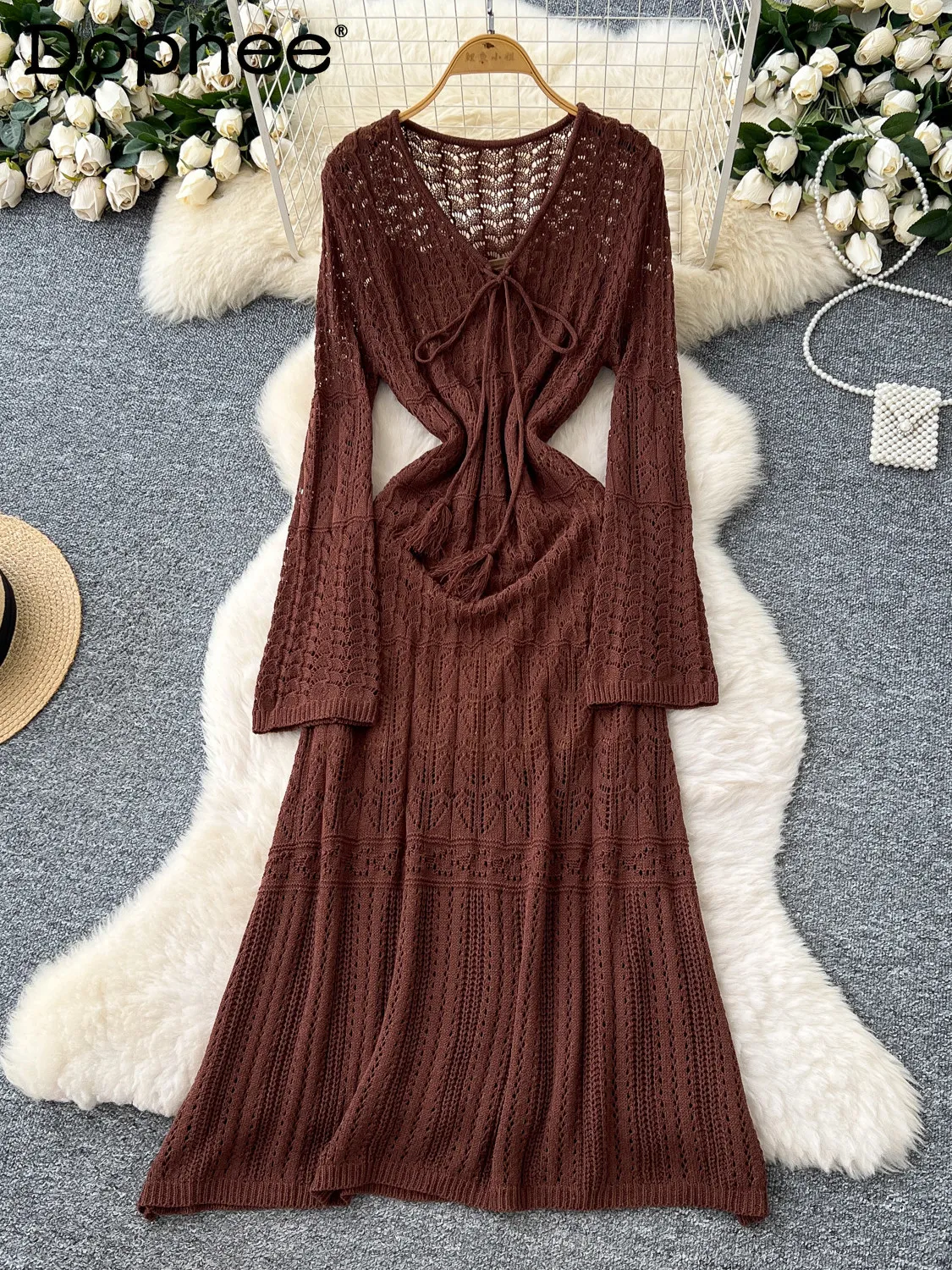 

Korean-style Sweet Gentle Hollow-out V-neck Long-sleeve Knitted Dress 2026 Spring New Versatile for Daily Women's Long Dress
