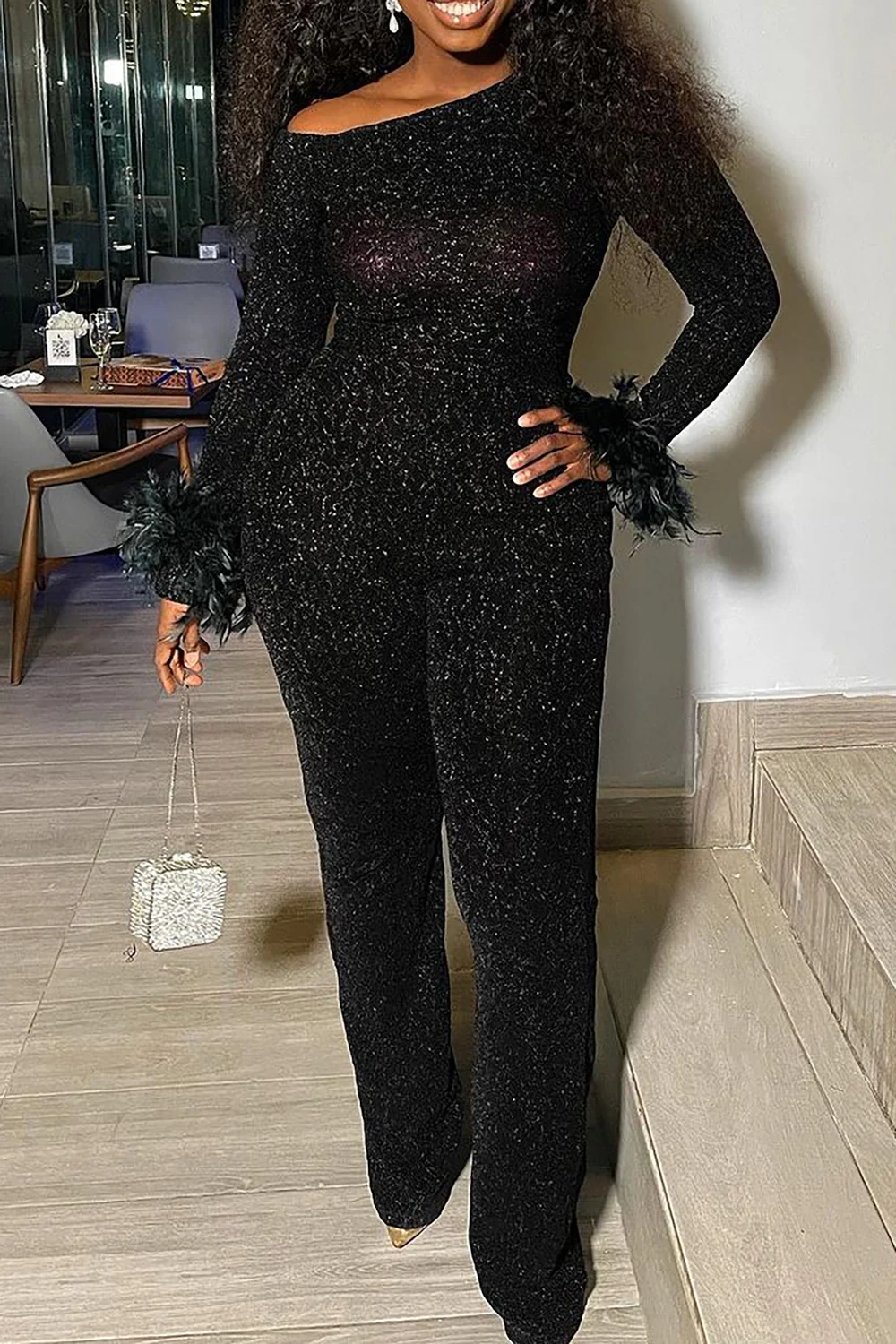 بالإضافة إلى حجم بذلة حزب أسود بريق طويل الأكمام الريش الترتر بذلة #5