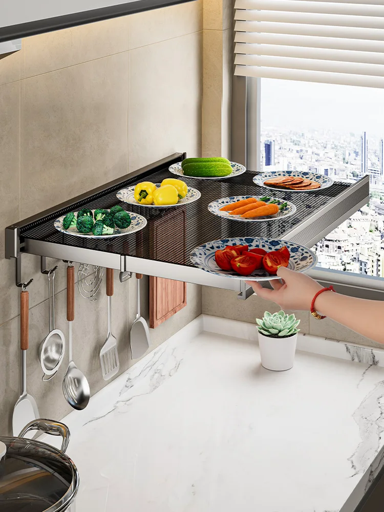 

Kitchen foldable vegetable rack wall hanging telescopic invisible rack storage space saving multi-functional vegetable plate