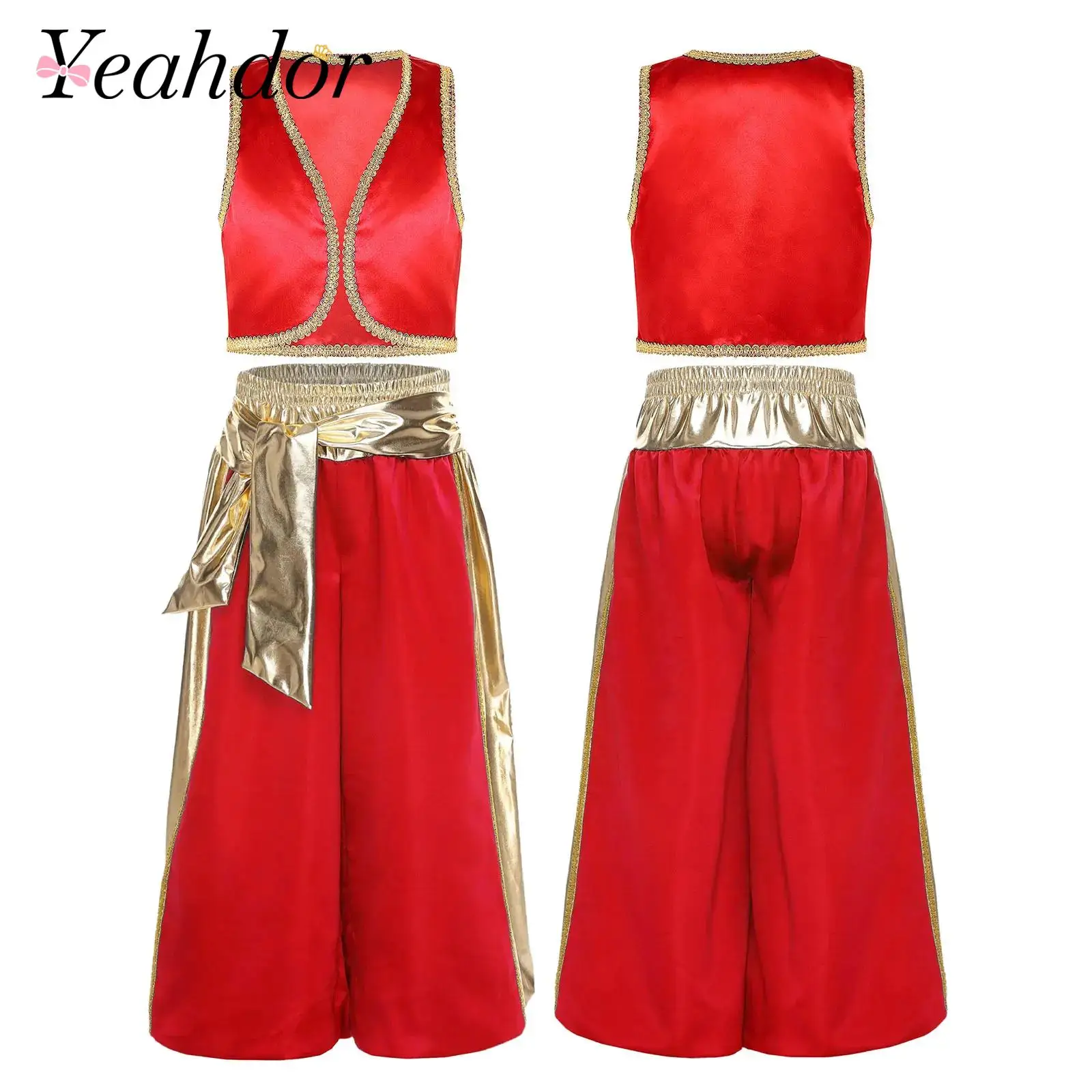 Kids Boys 2Pcs Arabian Prince Cosplay Costumes Golden Braided Trimmings Vest Metallic Pants Bloomers Boy's Arab Prince Outfits