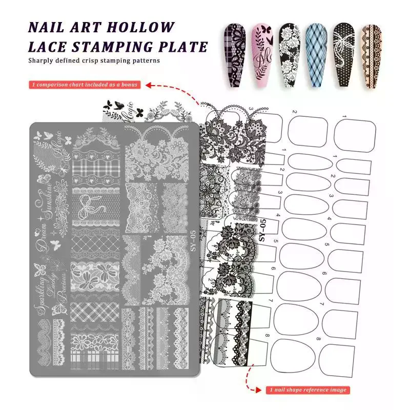Etched Nail Art Stencil High-Precision Bow Flower Lace Checkered Nail Decal Sheets For Reusable Manicure Transfer Tool 1 Sheet