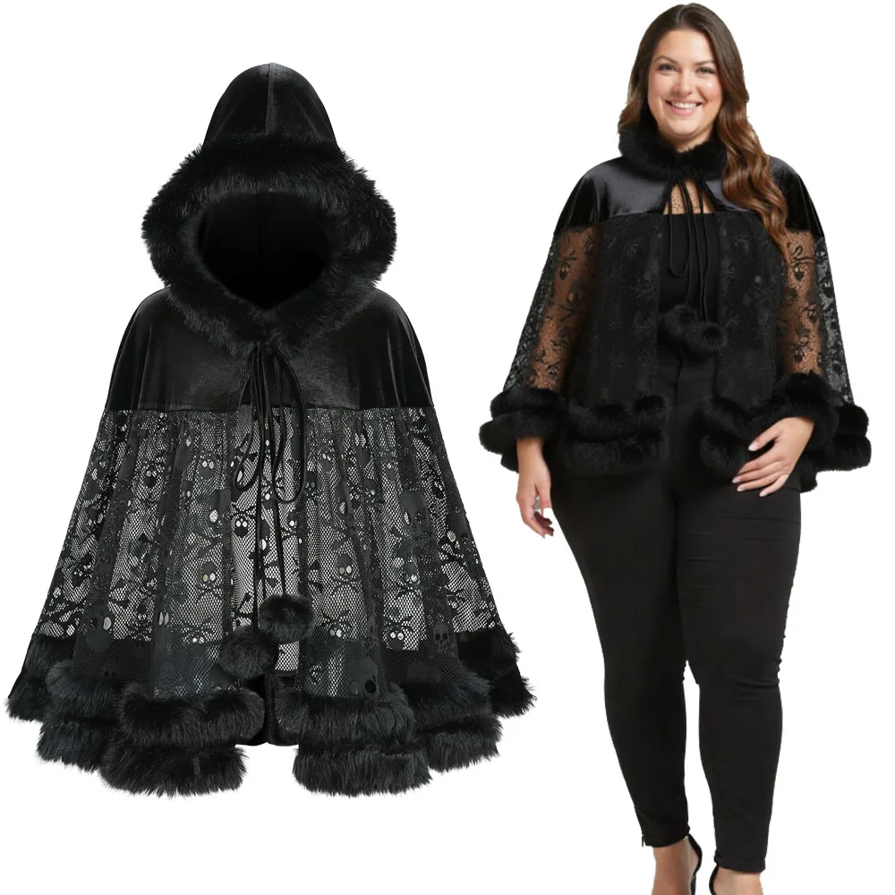 

ROSEGAL Gothic plus Size Hooded Cape Cloak With Skull Fishnet Velvet Patchwork And Fur Trim Black Wide-waisted Mantle For Women