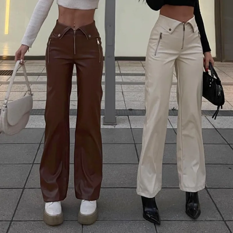 2024Women leather pants  autumn zipper high waist straight leg casual Black pants Y2k clothing PU loose leather pants for women