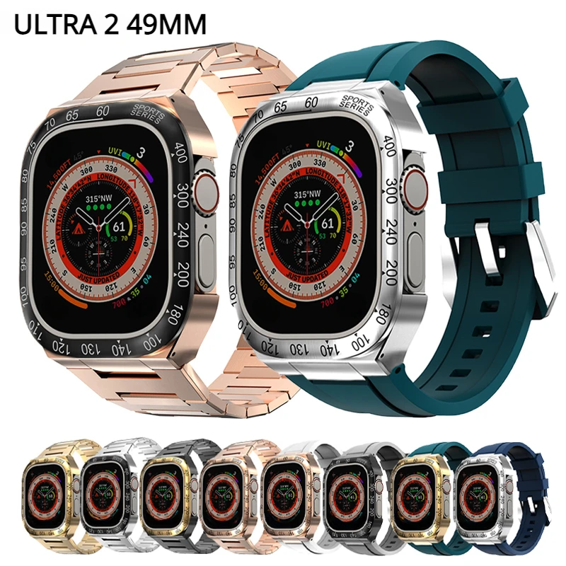 Modification Kit For iWatch Ultra 2 49mm Stainless Steel Cover Frame Silicone Band Men DIY Case Strap For Apple Watch Ultra 49MM