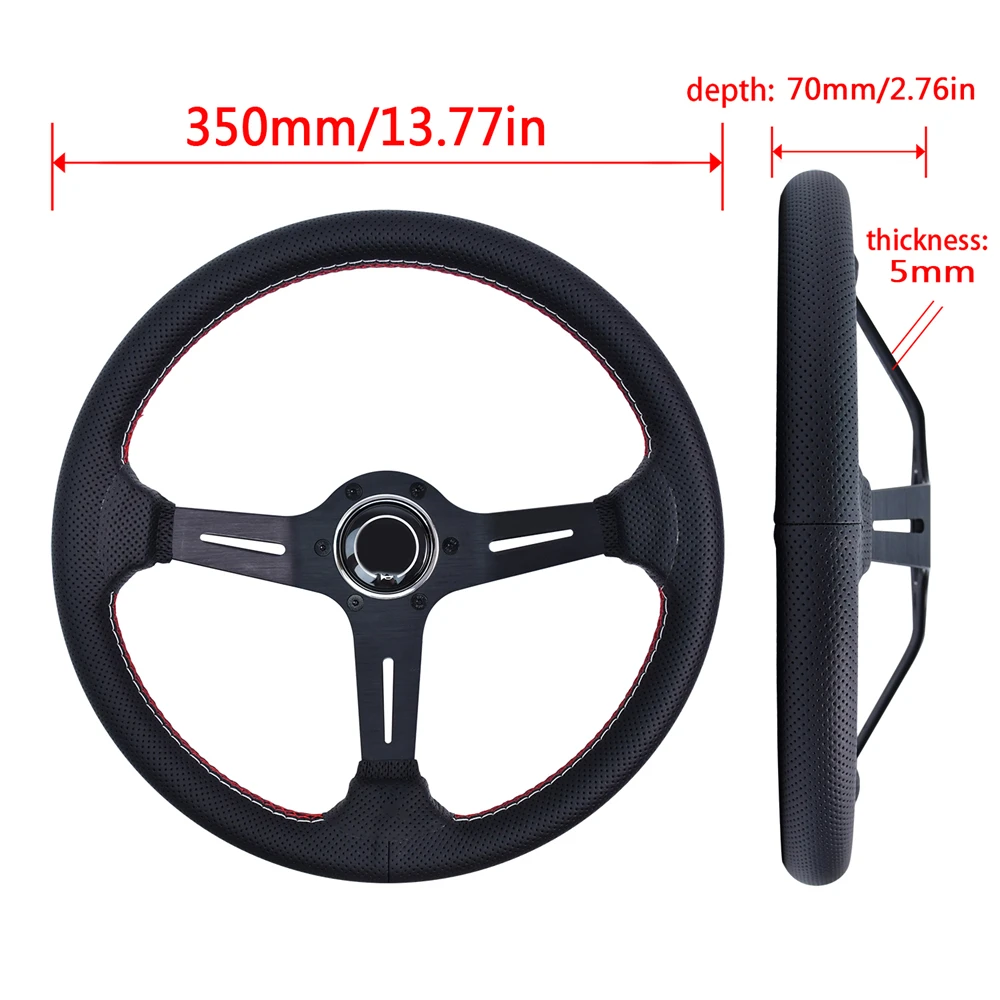 350mm 3 Spokes Universal Sports Steering Wheel Black Leather PCD 74MM Deep Concave Racing  Steering Wheel With Horn Button