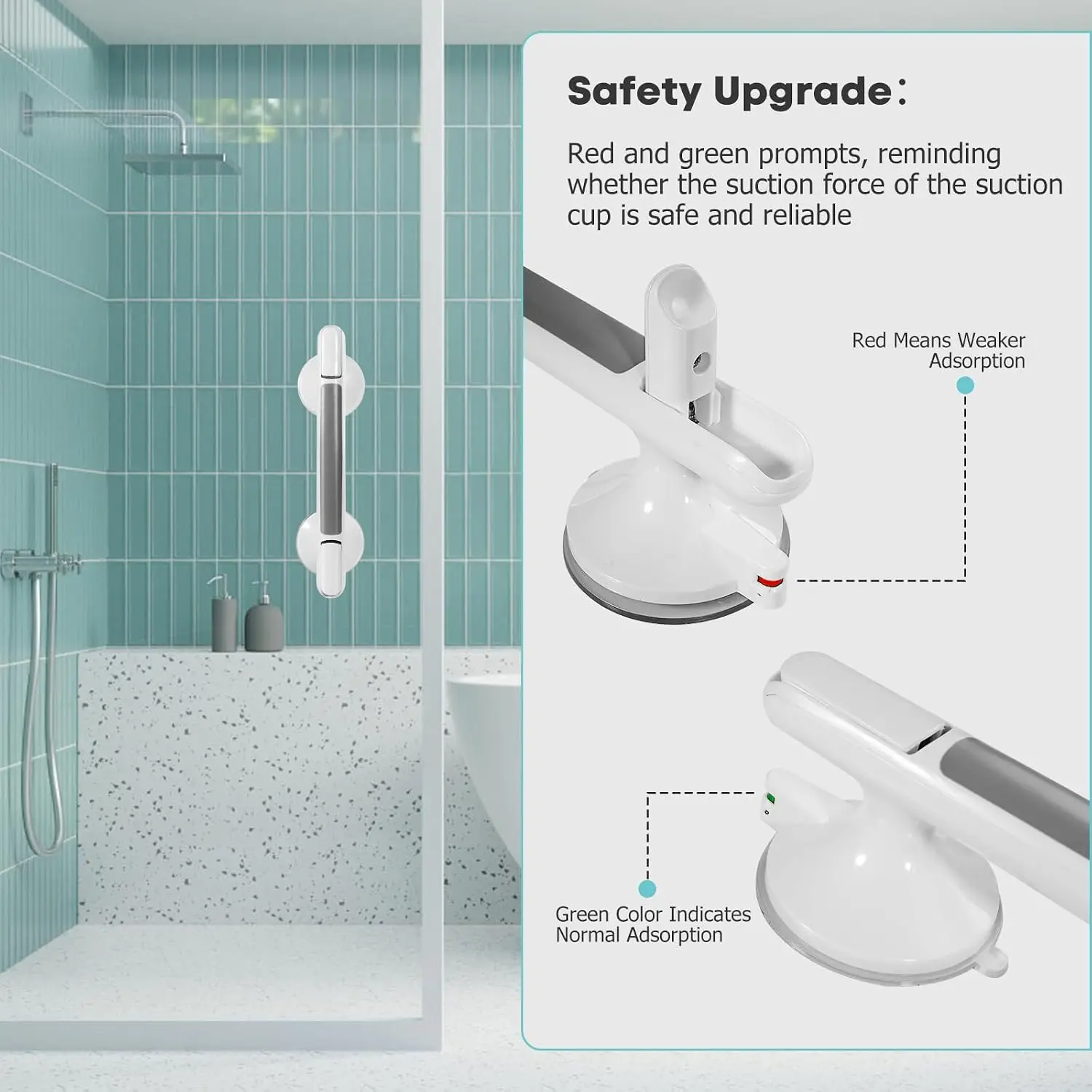 Grab Bars for Shower, Suction Cup Bathroom Handles, Red/green Indicators Show Suction Status, Tool-free Grip for Smooth Surfaces