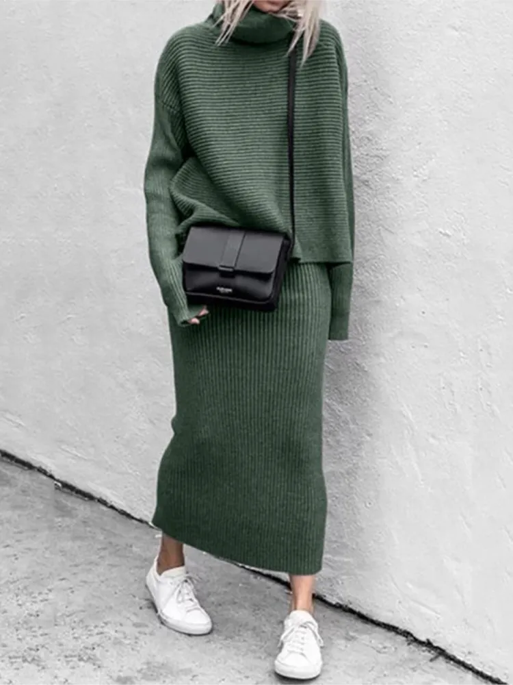 Casual Solid Two Piece Skirt Sets Women Fall Winter Knit Sweaters Suits Long Sleeve Loose Turtleneck Sweater Skirts 2 Piece Set