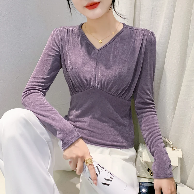 

2023 New Fall Winter European Clothes Ruched T-Shirt Chic Sexy V-Neck Draped Women Tops Long Sleeve All Match S-4XL Tees 30002