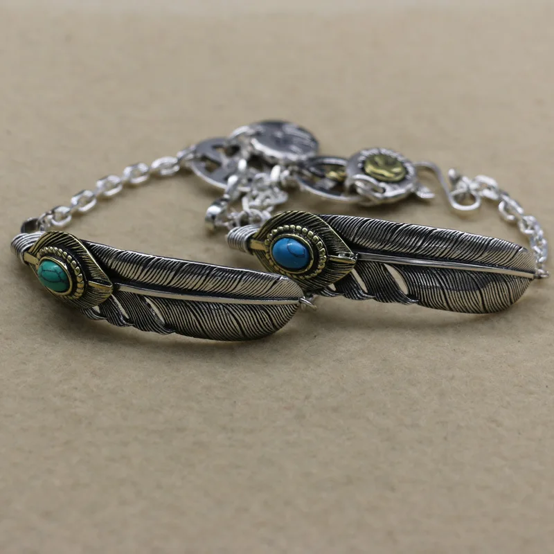 

Thai Silver Couple's Old First Jewelry s925 Sterling Silver Feather Turquoise Nepal Bracelet