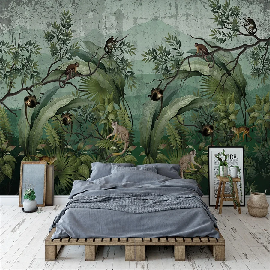 Custom Wallpaper 3d flowers birds mural leopard Southeast Asia woods Tropical Forest Monkey Vintage living room background wall